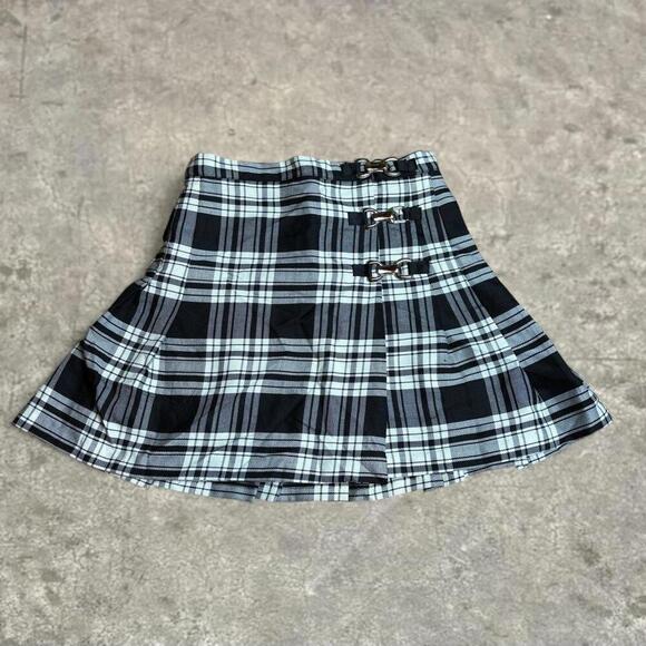 grunge goth y2k vintage plaid mini skirt street code sz 7/8 black white buckle - Picture 3 of 7